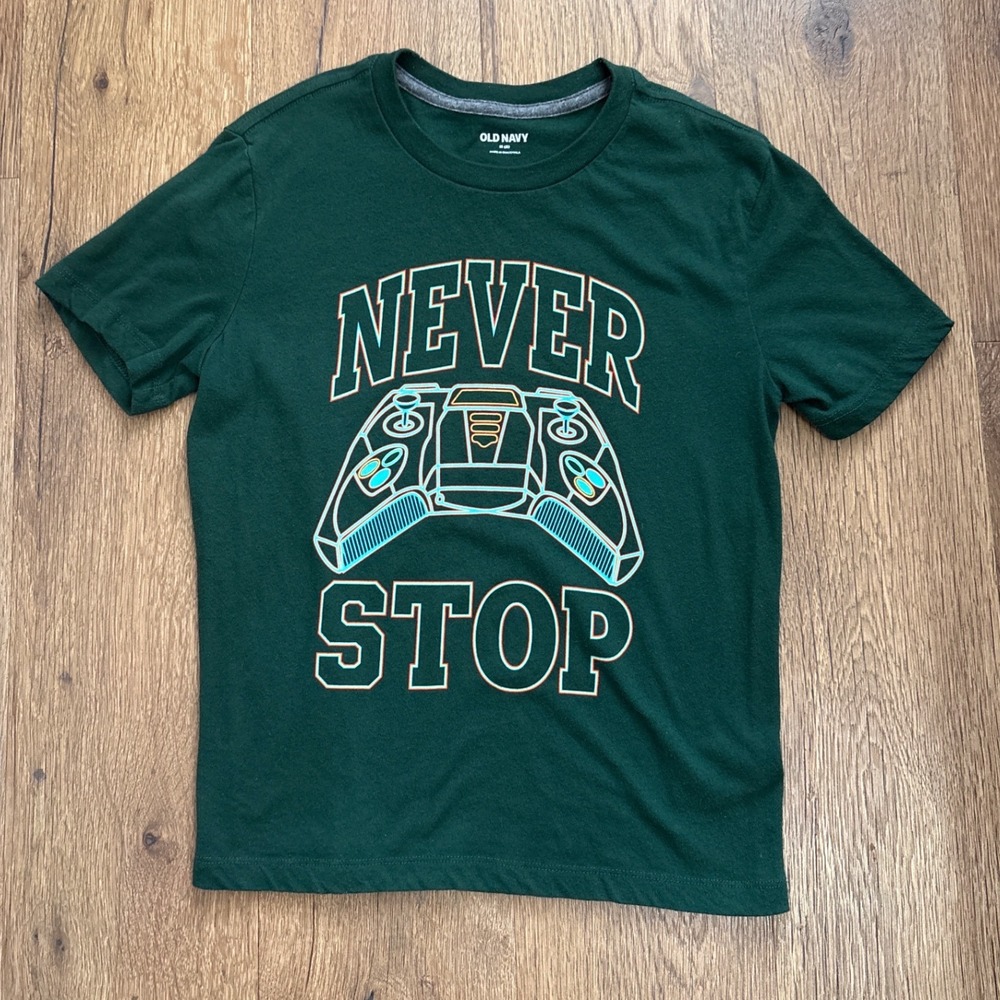 Old Navy Boys Green Never Stop Gaming Controller Graphic T-Shirt Size M 8